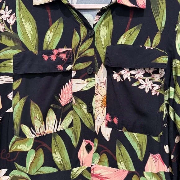 Farm Rio Floral Long Sleeve Maxi Dress Large Black Green Collar Pockets Buttons - Picture 4 of 9